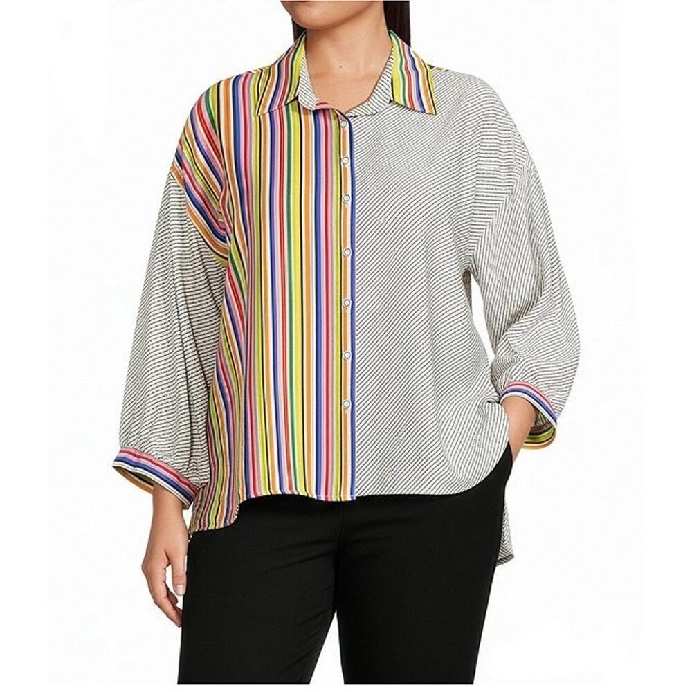Ali Miles Stripe Point Collar 3/4 Cuffed Sleeve High-Low Hem Button-Front Shirt